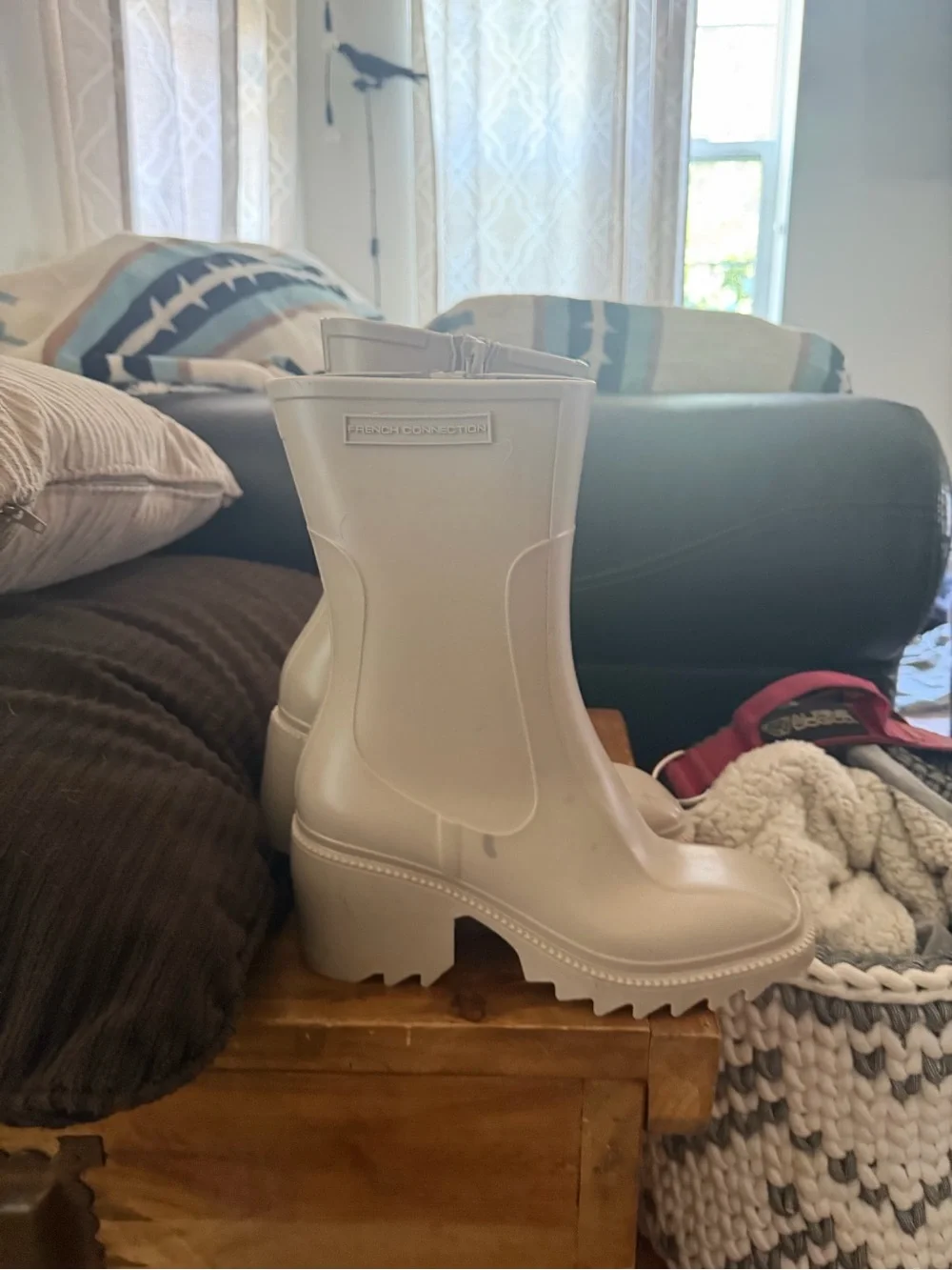 French Connection Cream Platform Rain Boots with Side Zip Closure